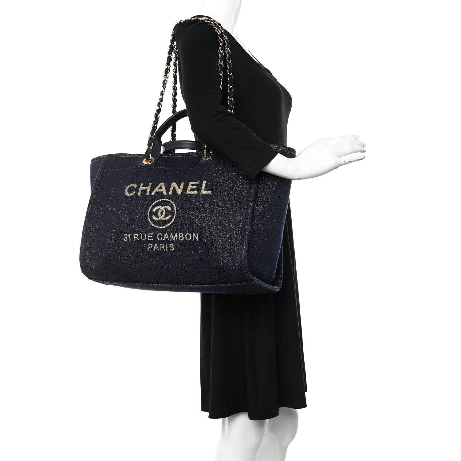Chanel Lurex Canvas Medium Deauville Tote Navy Blue Gold 2 of 13