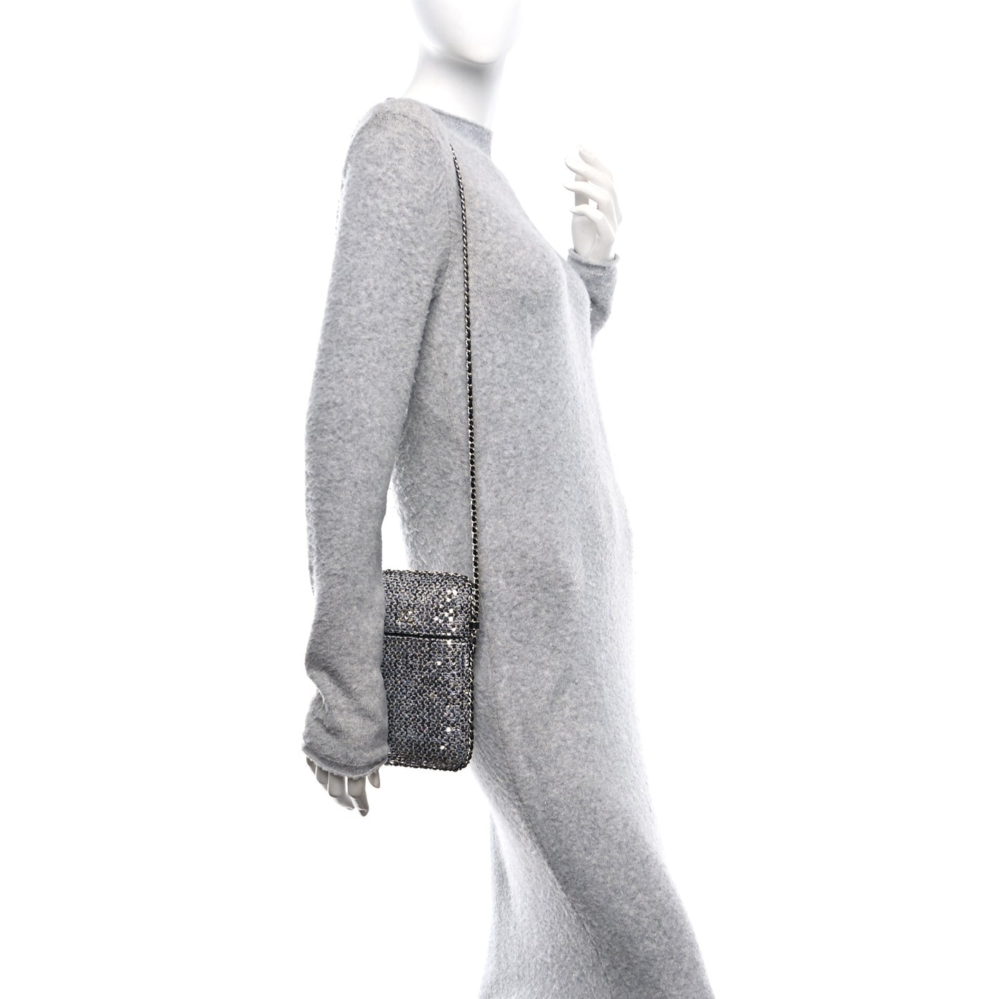 Tweed Sequin Chain Around Phone Holder Silver Black