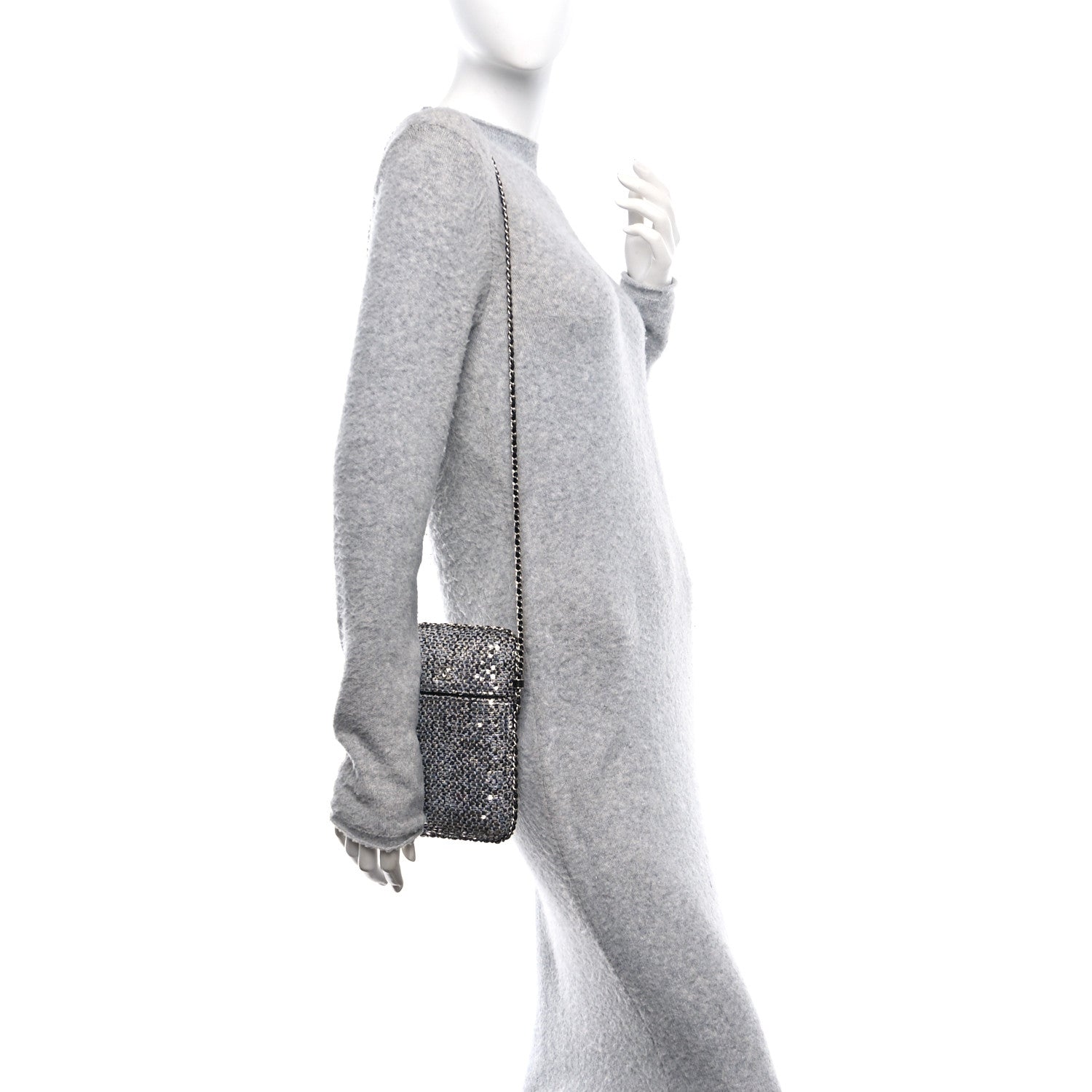 Chanel Tweed Sequin Chain Around Phone Holder Silver Black 2 of 10