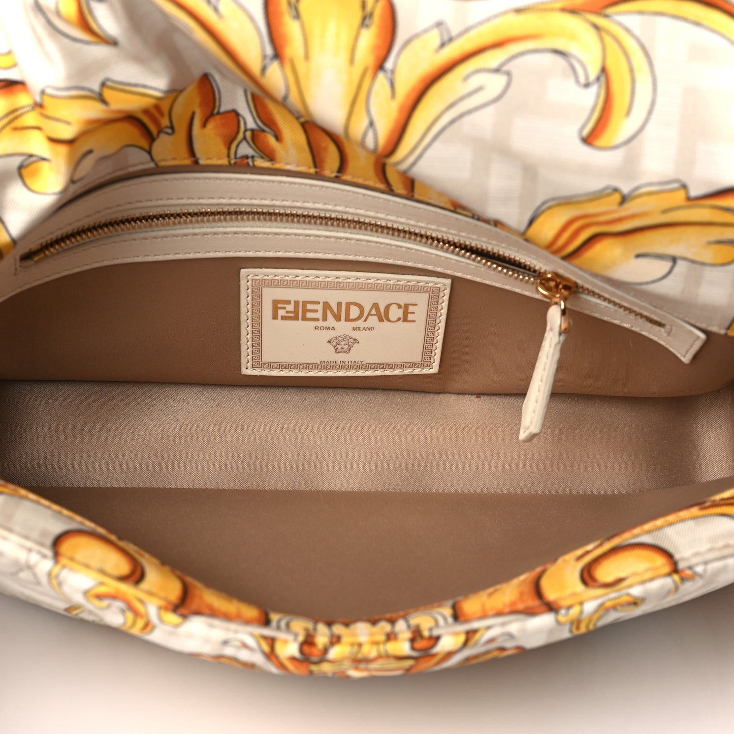 X VERSACE Silk Fendace FF Baroque Quilted Scarf Baguette White Gold