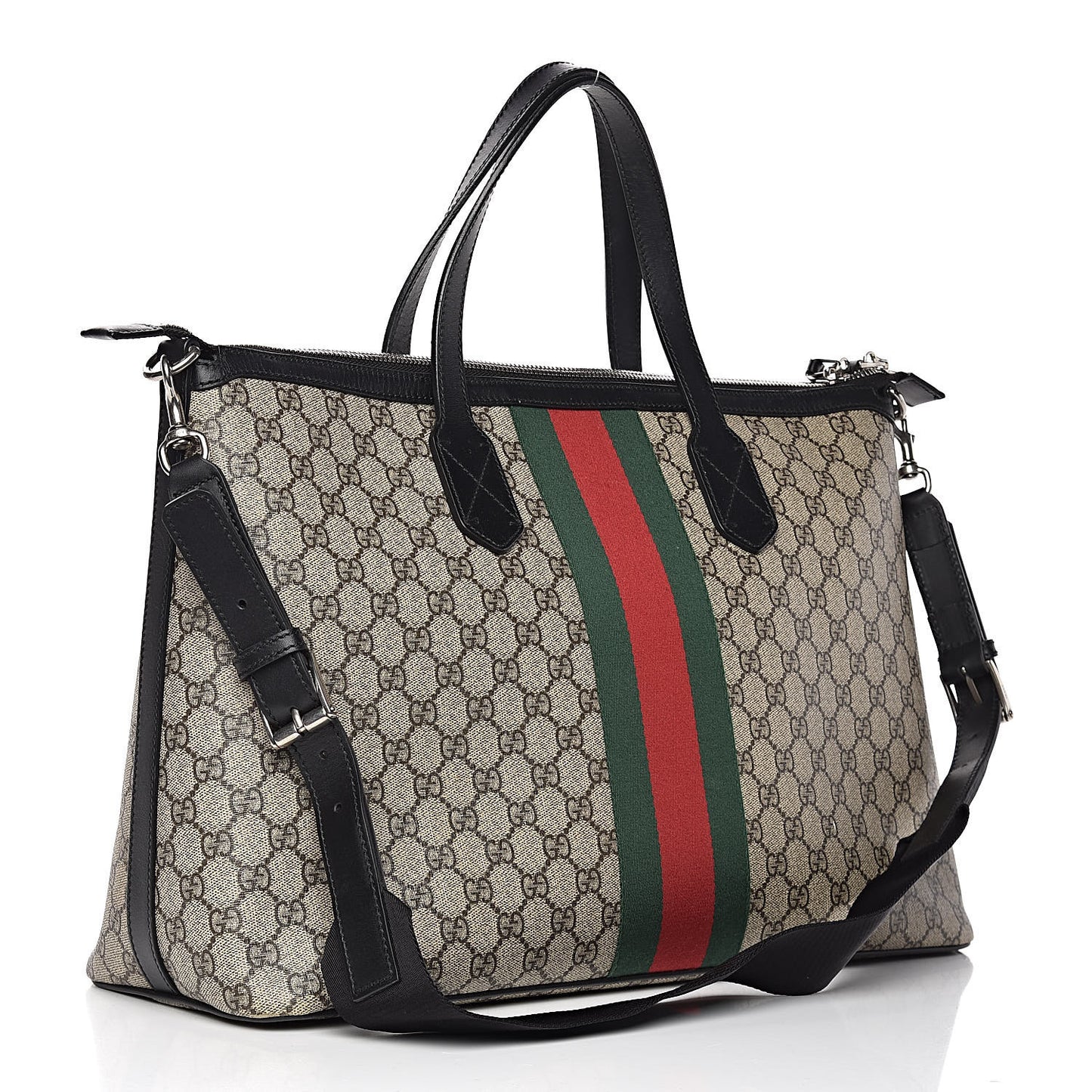 GG Supreme Monogram Web Medium Zippered Tote Beige Black