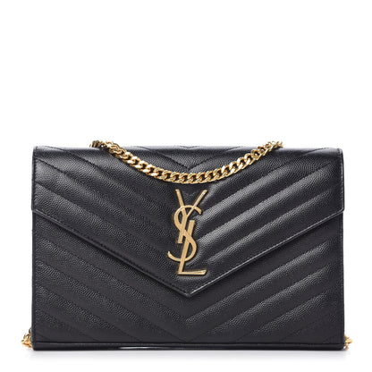 Saint Laurent Grain De Poudre Matelasse Chevron Monogram Chain Wallet Black 1 of 9