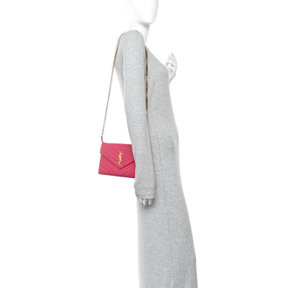 Saint Laurent Grain De Poudre Matelasse Chevron Monogram Chain Wallet Lipstick Fuchsia 2 of 15