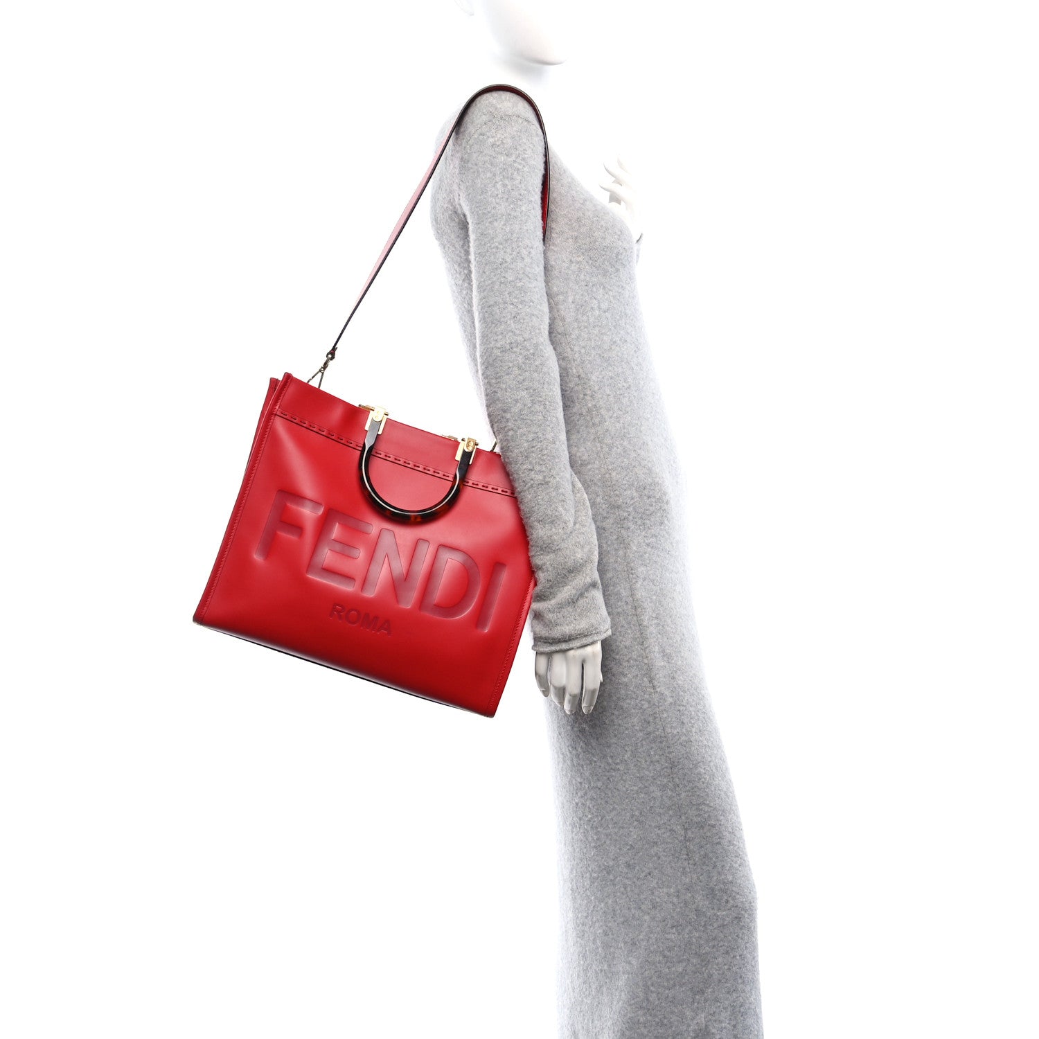 Fendi Vitello King Plexiglass Logo Embossed Medium Fendi Sunshine Shopper Tote Fuoco 2 of 10