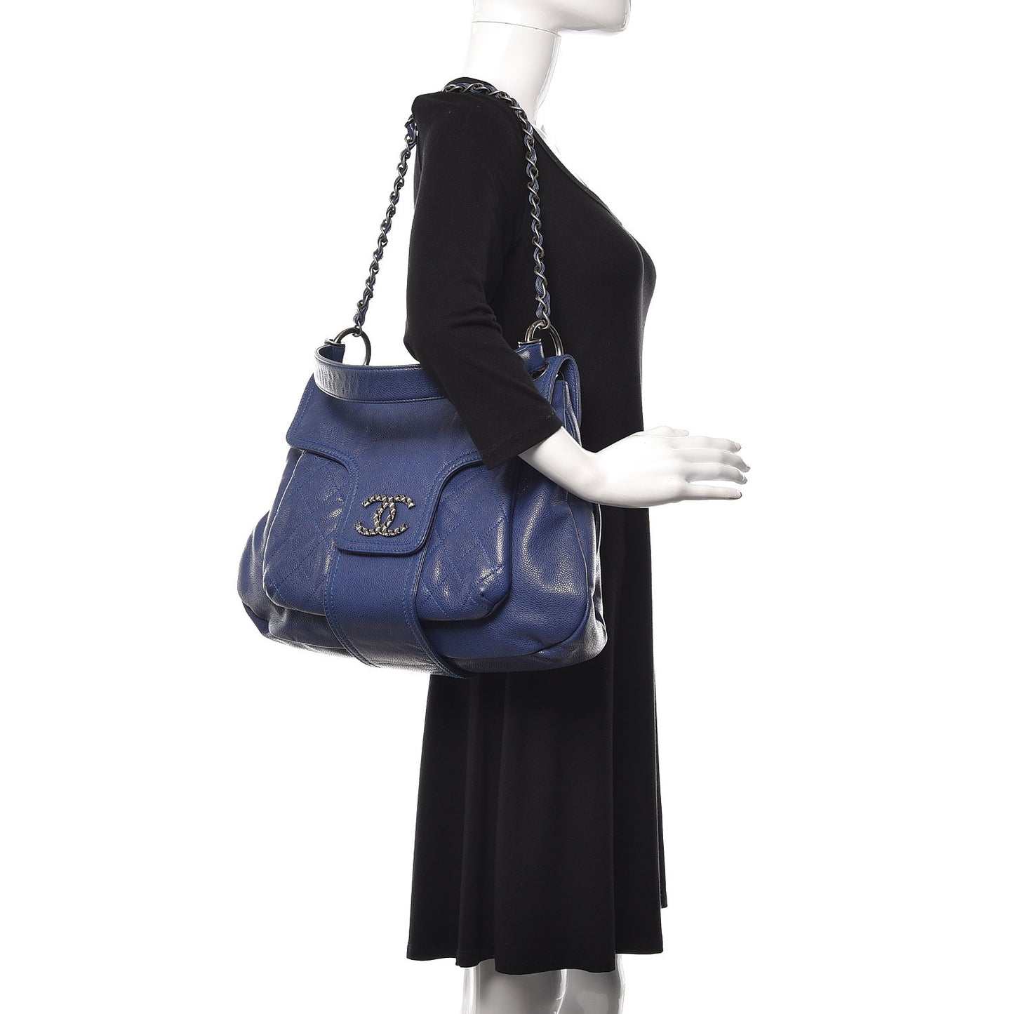 Glazed Caviar Flap Hobo Dark Blue