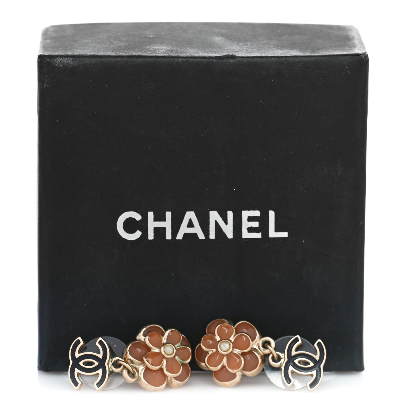 Crystal CC Flower Drop Earrings Black Pink Gold