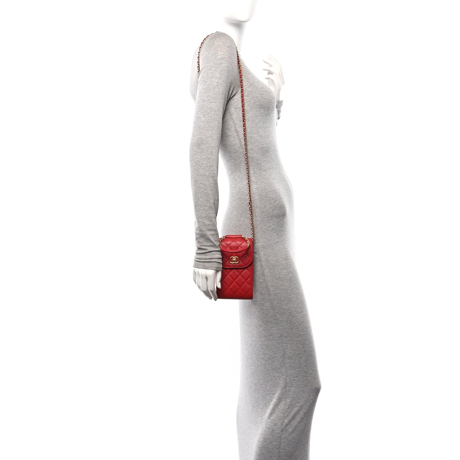 Chanel Caviar Quilted Chain Handle Round Phone Holder Red 2 of 10