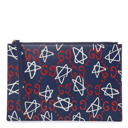 Gucci Calfskin GucciGhost Print Pouch Blue Agata Hibiscus Red 1 of 9