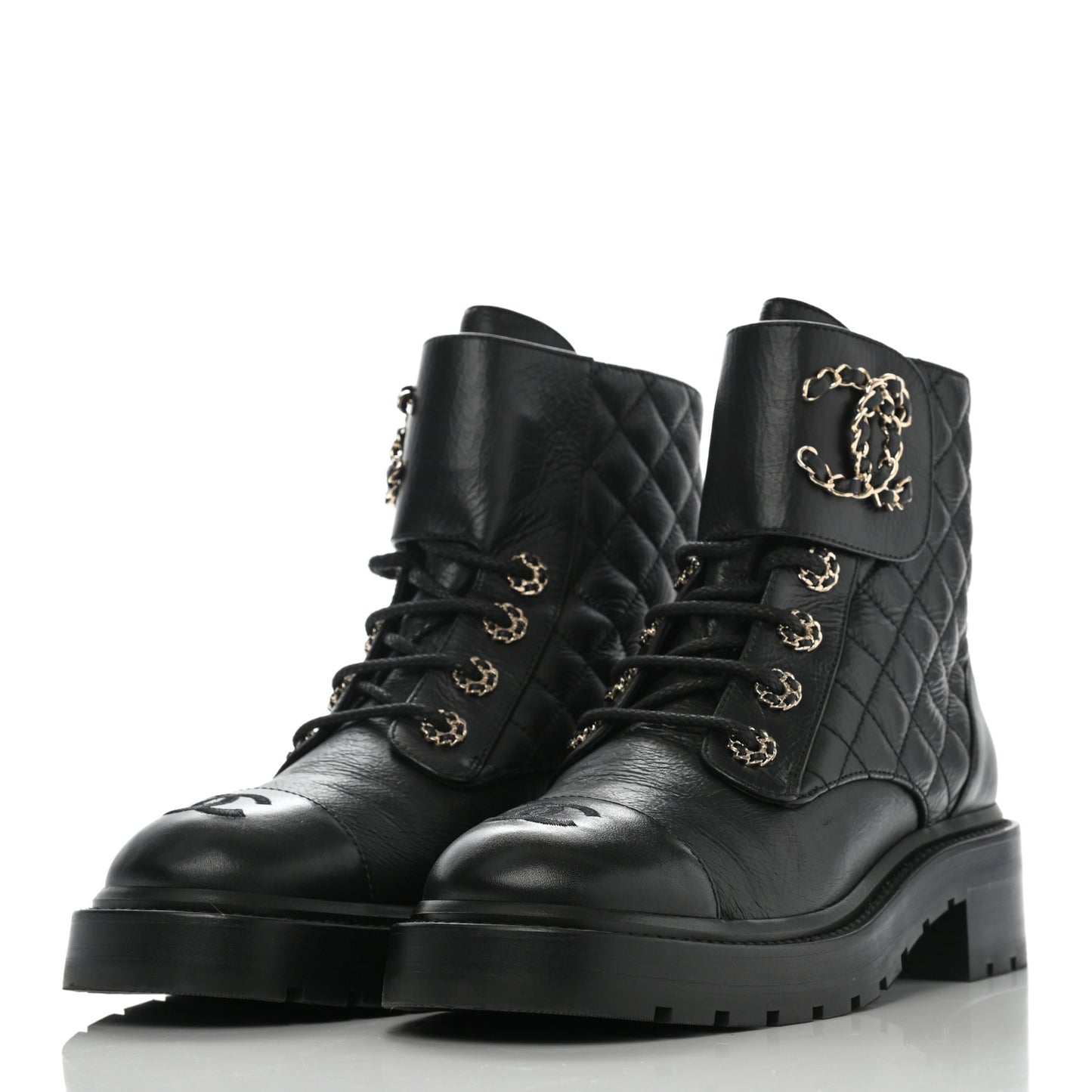 Shiny Goatskin Calfskin Quilted Lace Up Combat Boots 37 Black