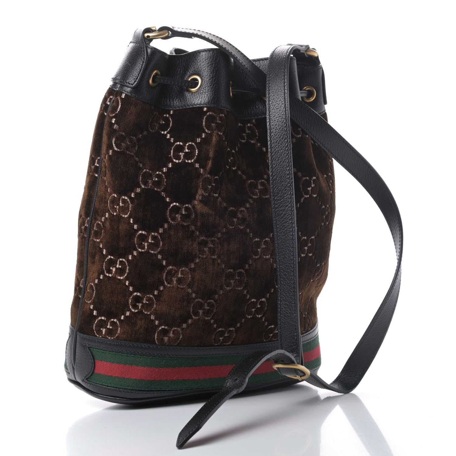 Gucci Velvet GG Monogram Textured Calfskin Web Bucket Bag Brown Black 2 of 5