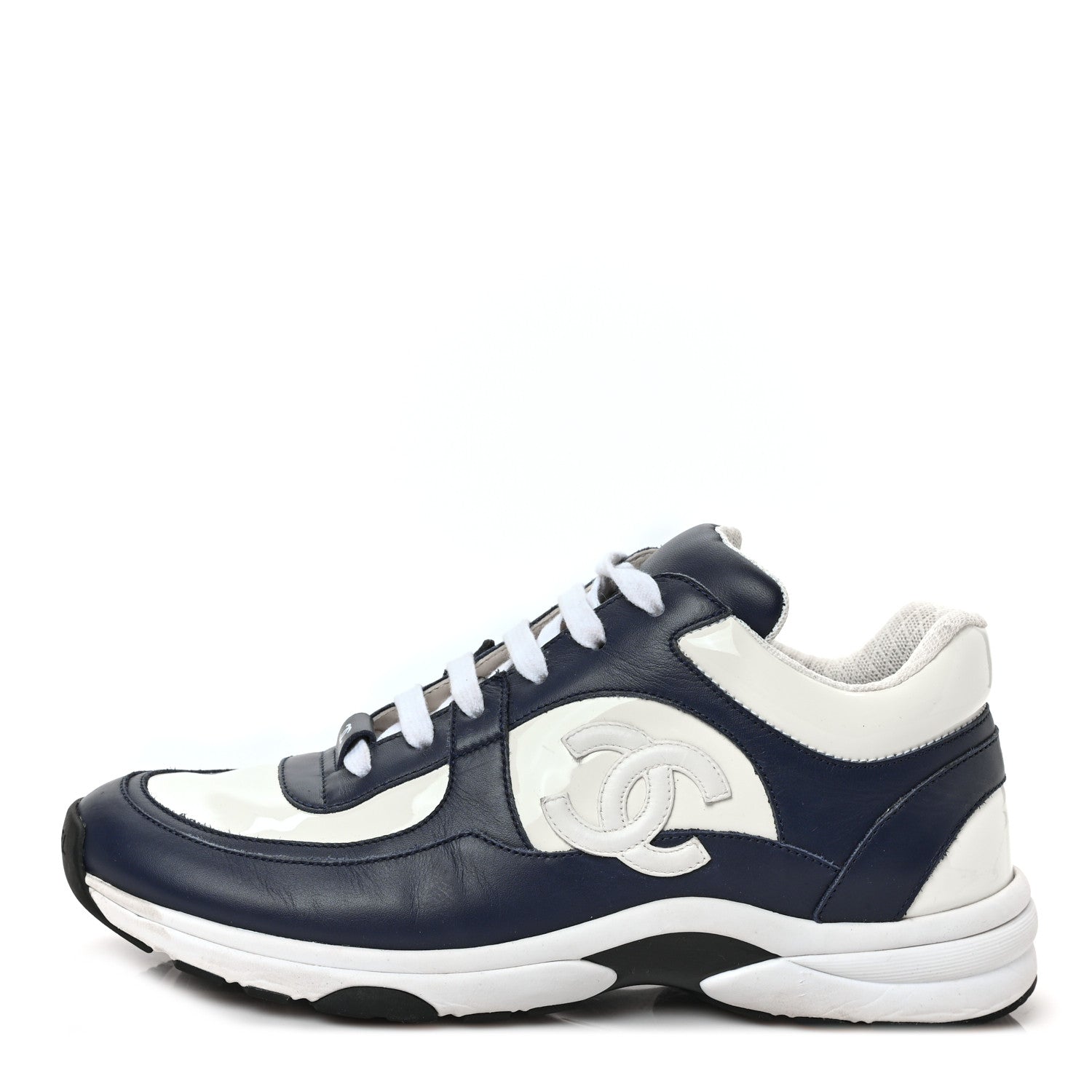 Chanel Patent Calfskin CC Sneakers 39.5 Navy White 1 of 8