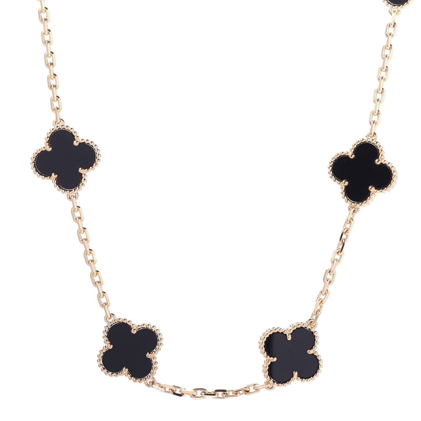 18K Yellow Gold Black Onyx 10 Motifs Vintage Alhambra Necklace