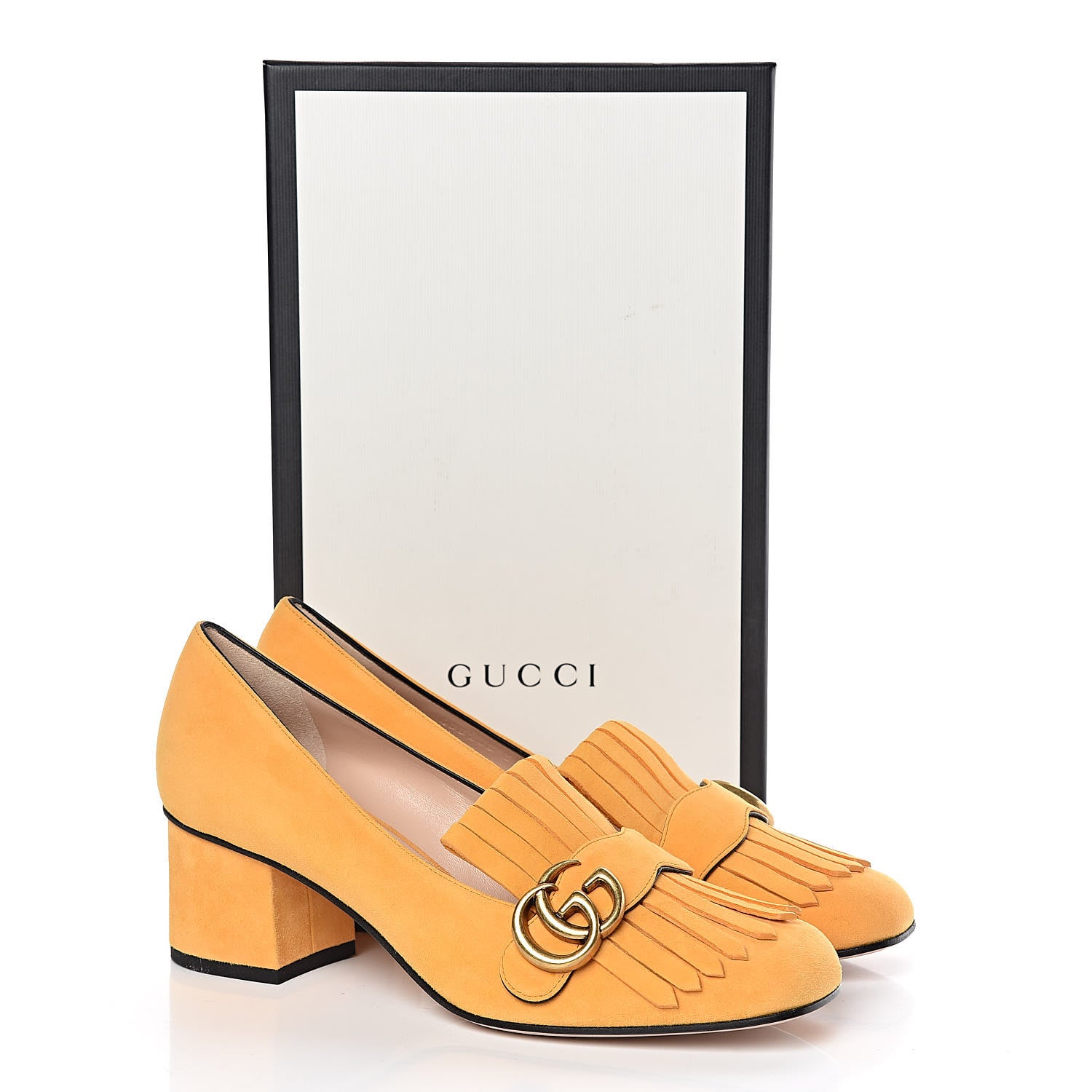 Gucci Kid Scamosciato GG Marmont Fringe 50mm Loafer Pumps 39 Crystal Copper 9 of 9