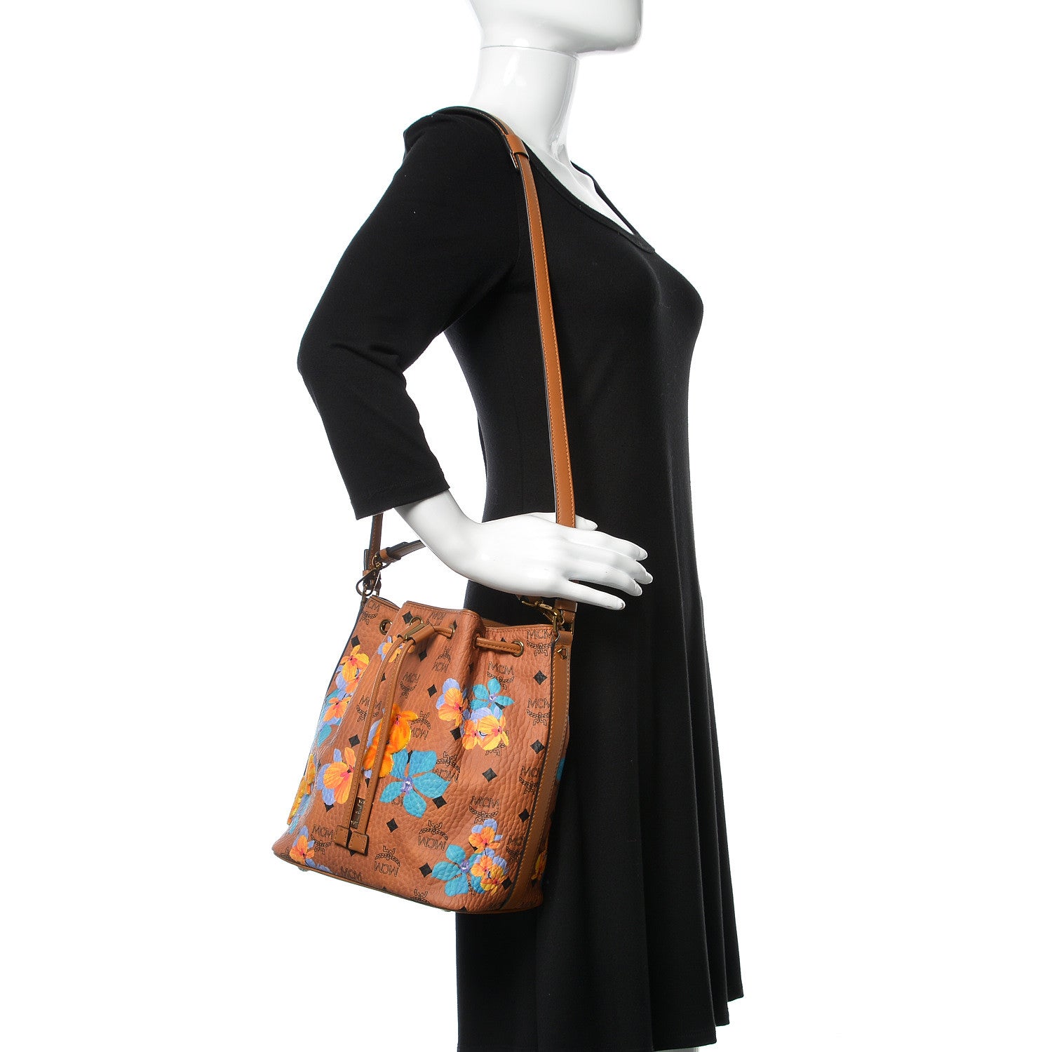 MCM Visetos Floral Print Small Drawstring Bucket Bag Cognac 2 of 14