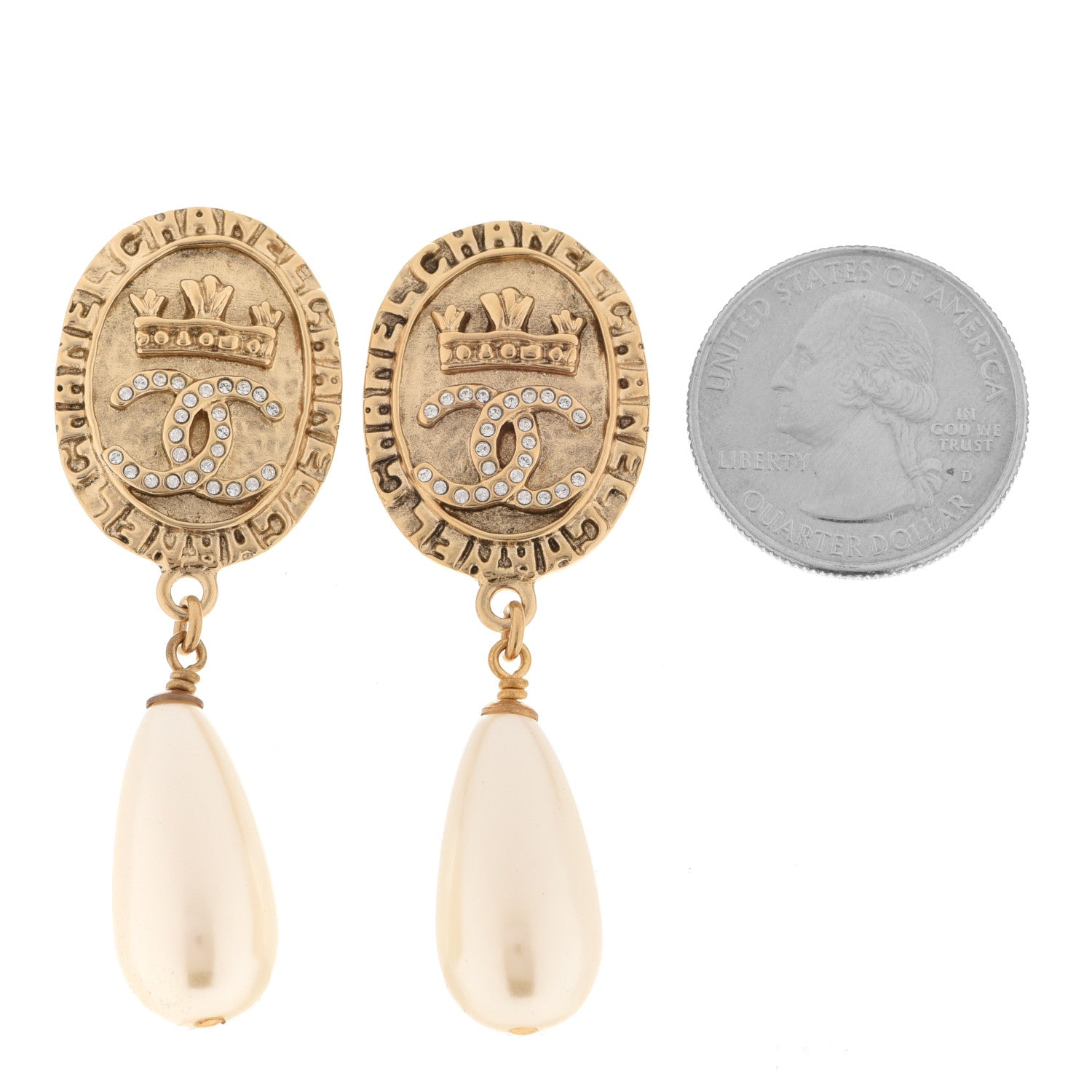 Chanel Crystal Pearl Crown CC Drop Earrings Gold 2 of 5