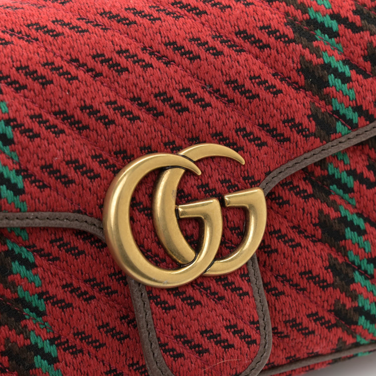 Gucci Wool Tweed Textured Dollar Calfskin Matelasse Diagonal Plaid Small GG Marmont Shoulder Bag Red Green Multicolor New Acero 8 of 8