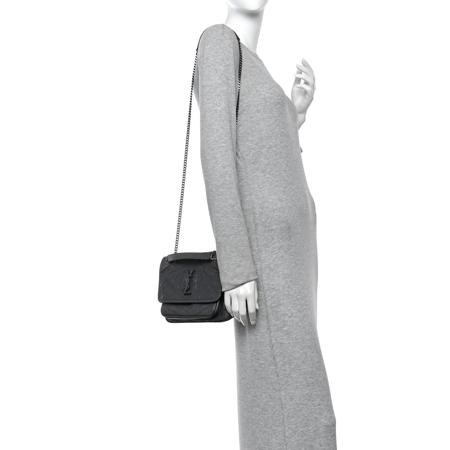 Saint Laurent Crinkled Calfskin Matelasse Monogram Baby Niki Chain Satchel Storm 2 of 13