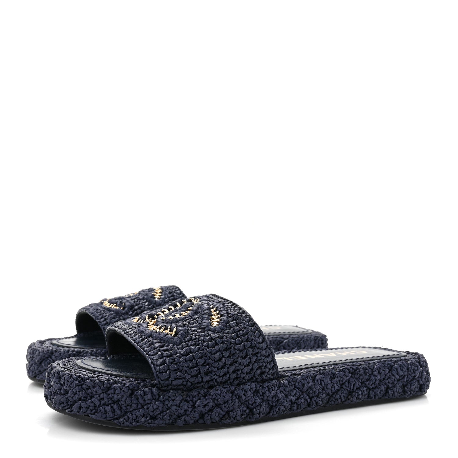 Chanel Braided Cord CC Espadrille Slip On Sandals 37 Navy Blue 3 of 9