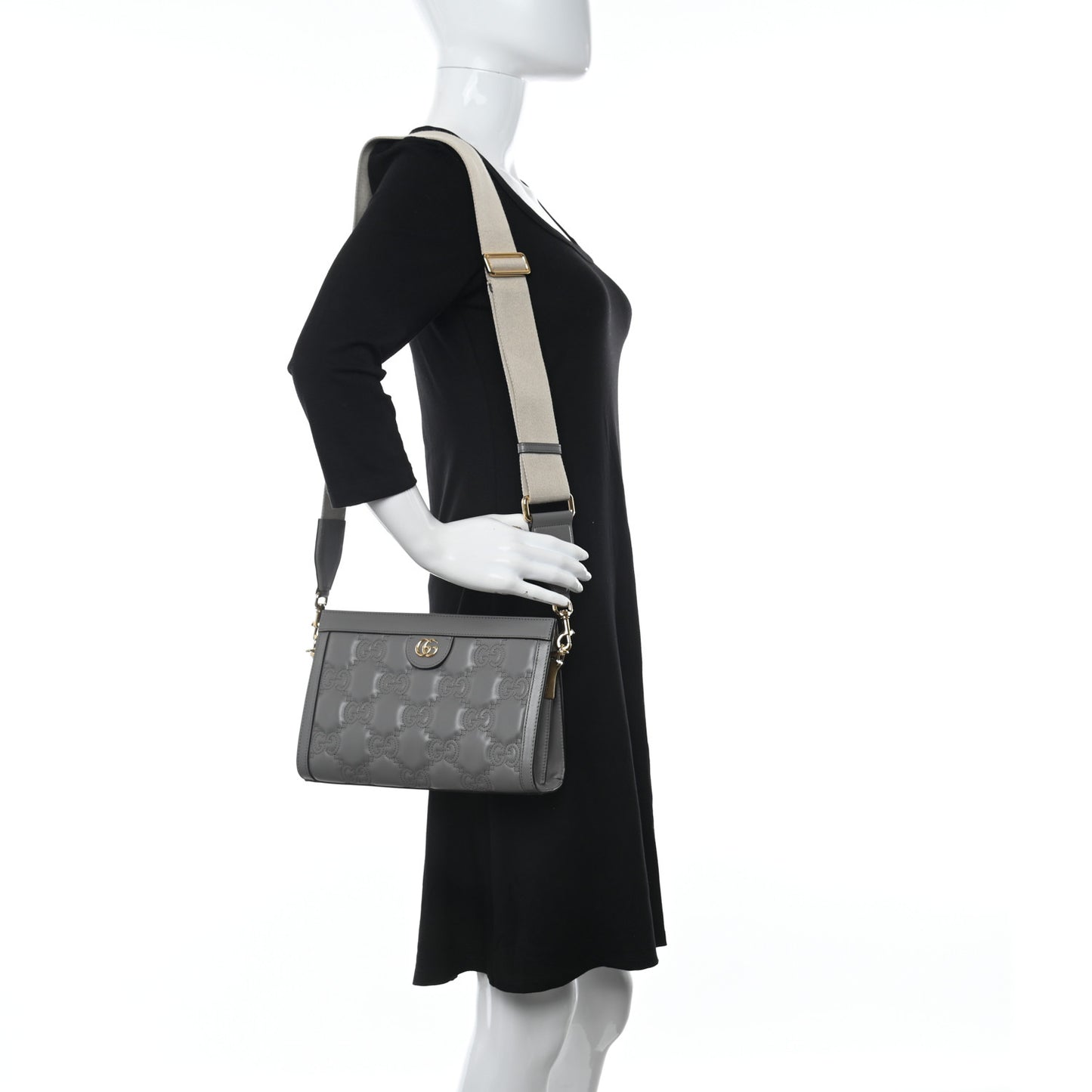 Calfskin GG Matelasse Small Slim Chain Shoulder Bag Dusty Grey Natural