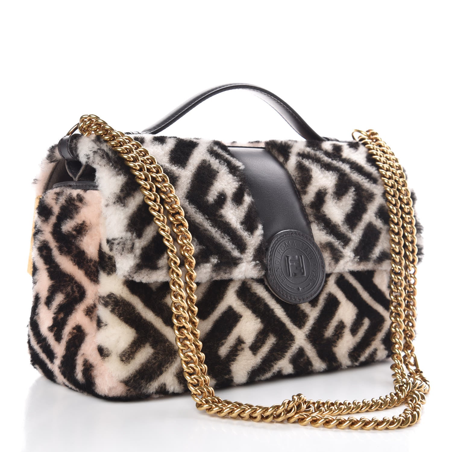 Fendi Shearling Macro FF 1974 Diagonal Double F Shoulder Bag White Light Rose Ebano 5 of 11