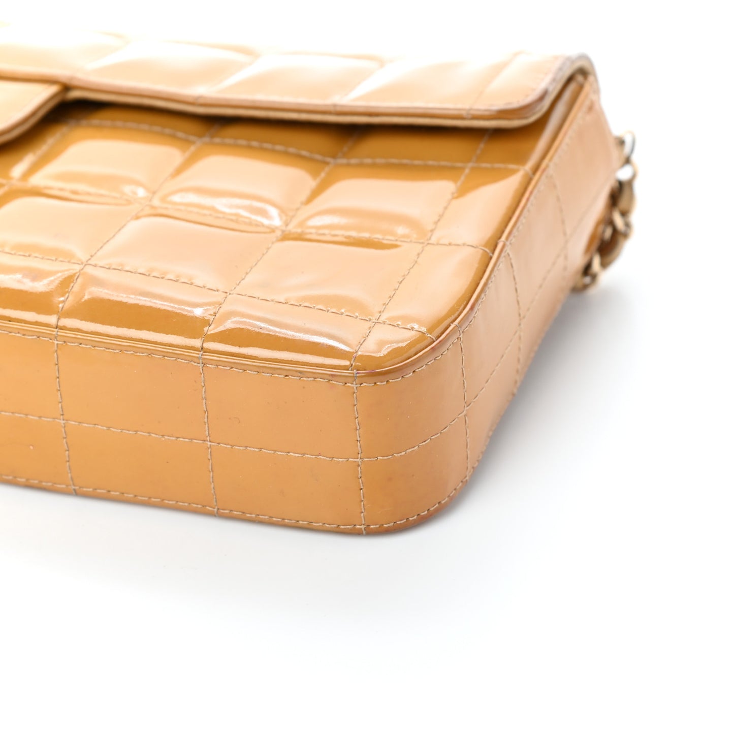 Patent Quilted East West Chocolate Bar Flap Beige