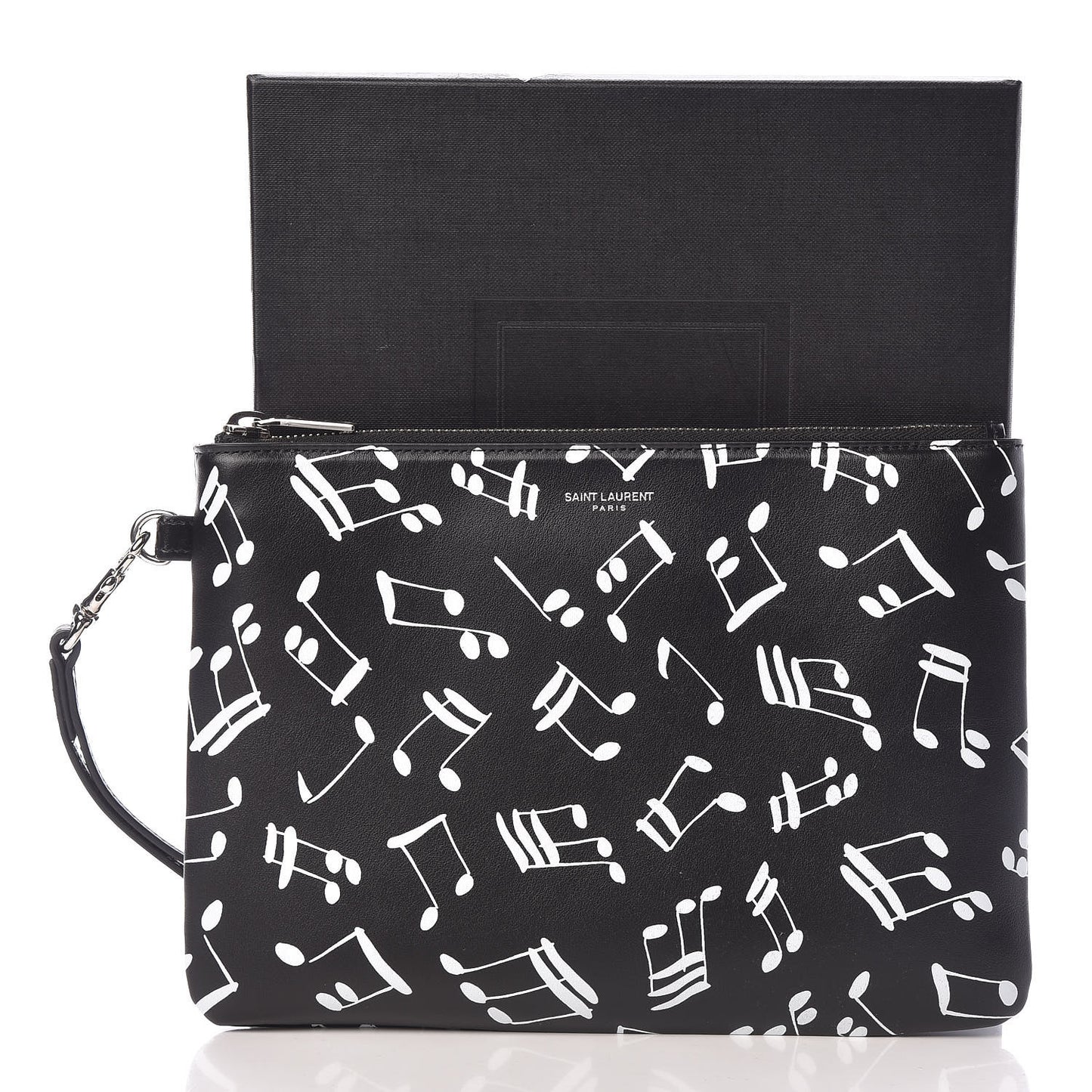 Calfskin Musical Notes Zip Pouch Black