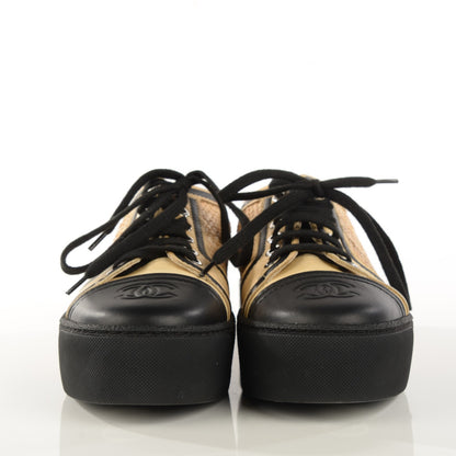 Chanel Straw Calfskin Sneakers 37.5 Beige Black 2 of 8