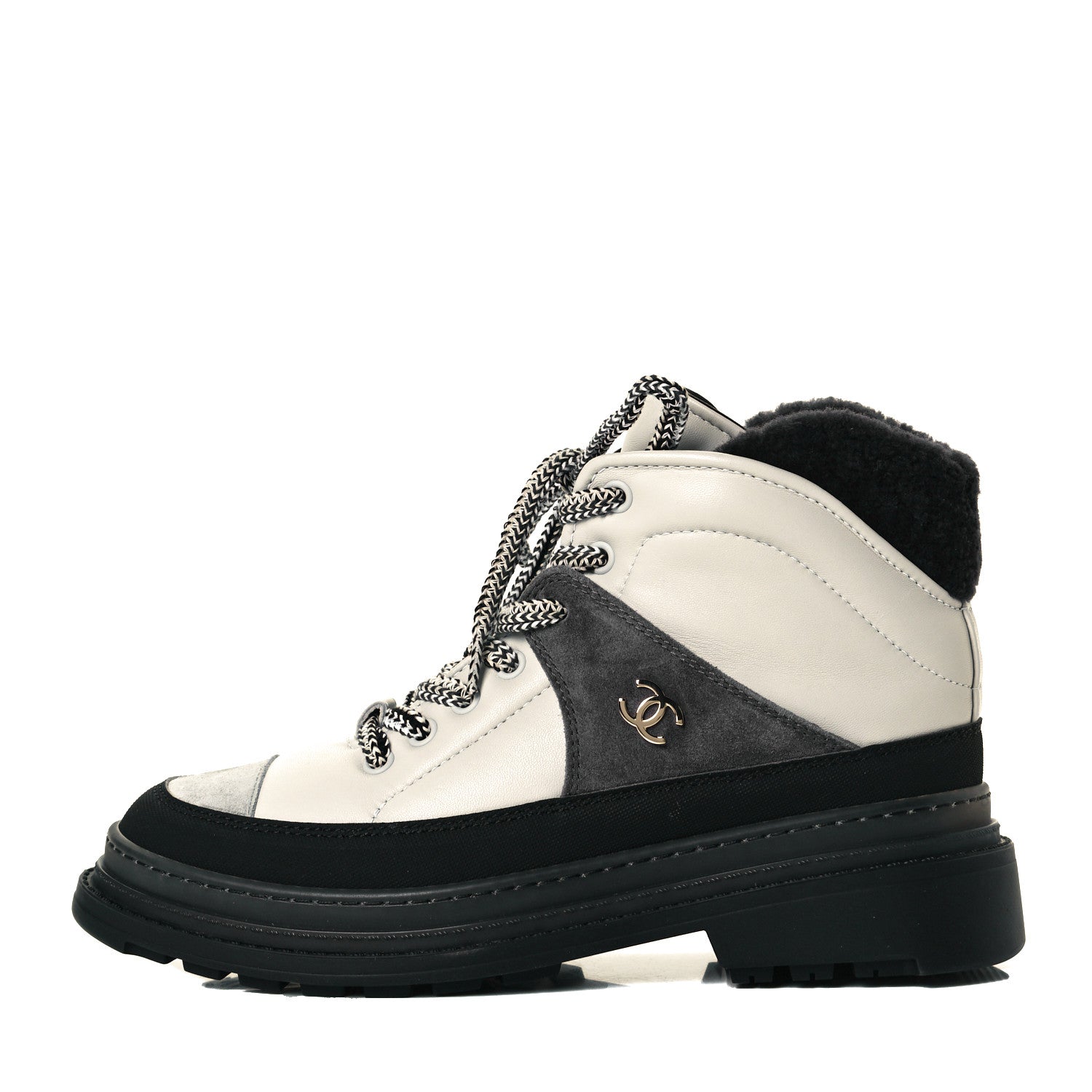 Chanel Lambskin Shearling Suede CC High Lace Up Boots 37 Grey Black 1 of 7