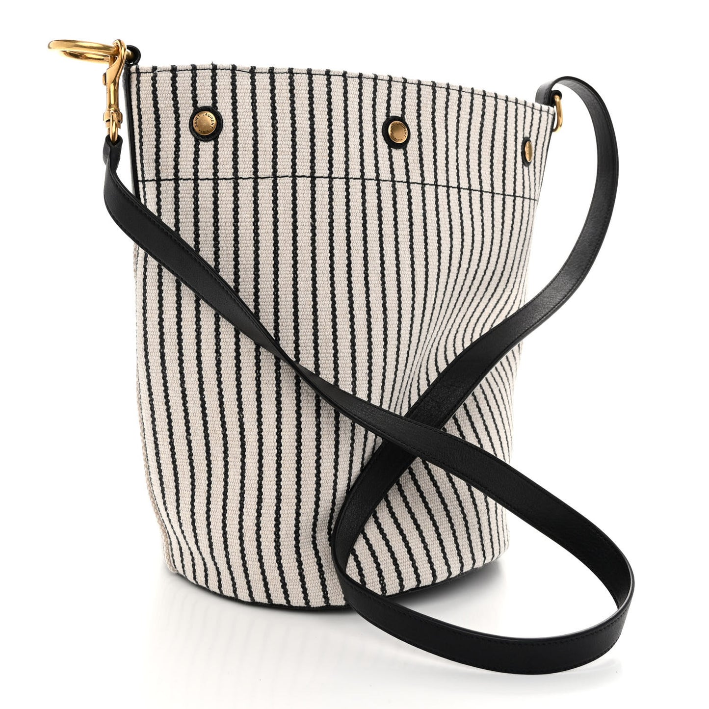 Linen Calfskin Striped Rive Gauche Bucket Bag Grey Cream Black
