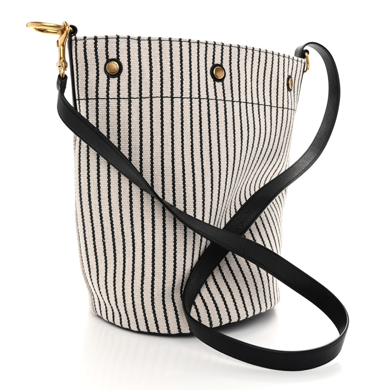 Saint Laurent Linen Calfskin Striped Rive Gauche Bucket Bag Grey Cream Black 4 of 10