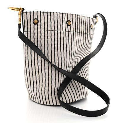 Saint Laurent Linen Calfskin Striped Rive Gauche Bucket Bag Grey Cream Black 4 of 10
