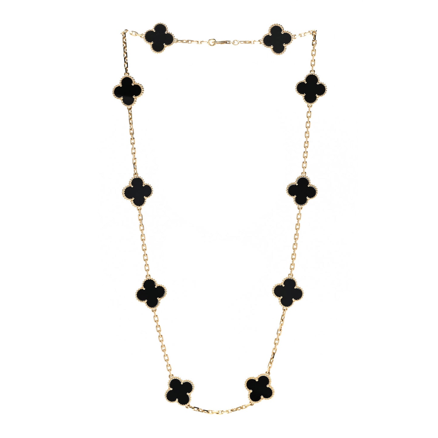 18K Yellow Gold Black Onyx 10 Motifs Vintage Alhambra Necklace