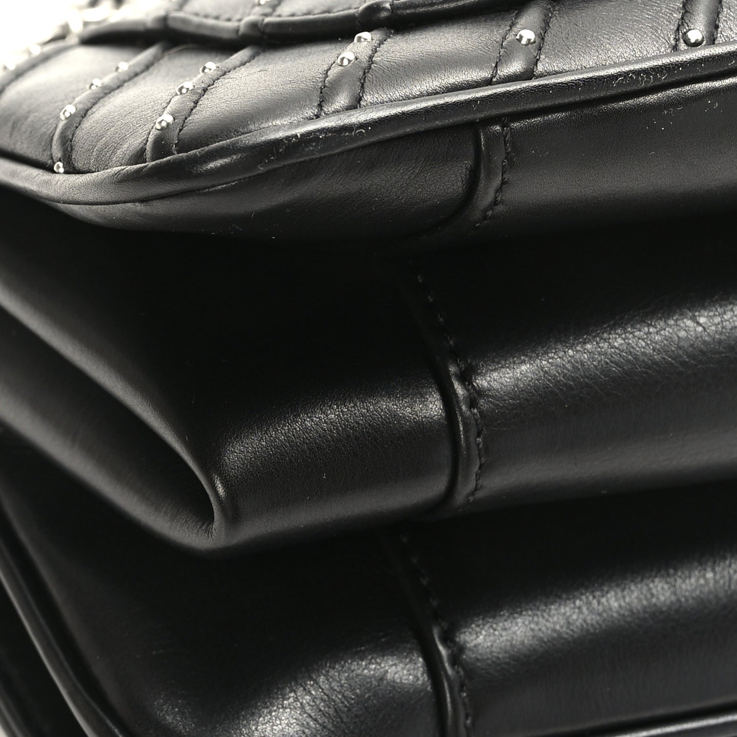 Calfskin Studded Chevron Quilted Flap Black