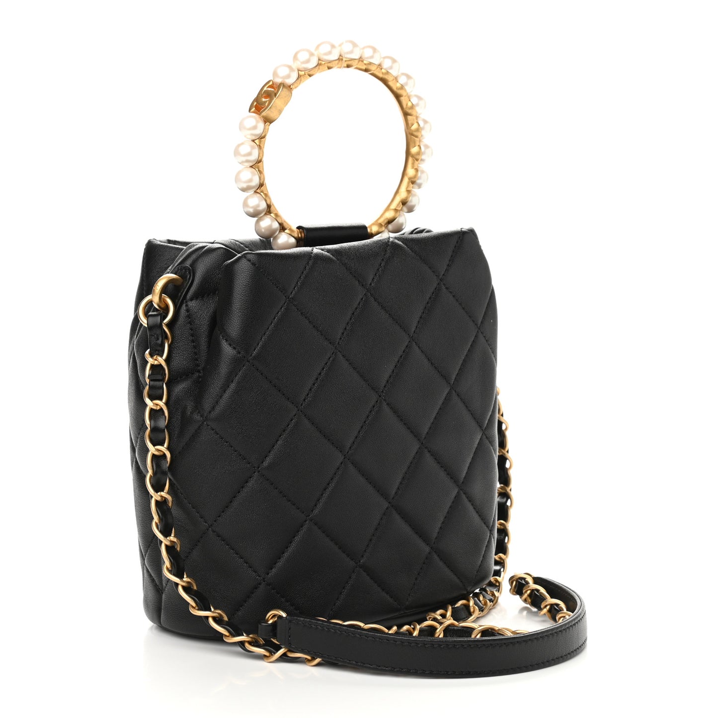 Lambskin Quilted Pearl Crown Drawstring Bag Black