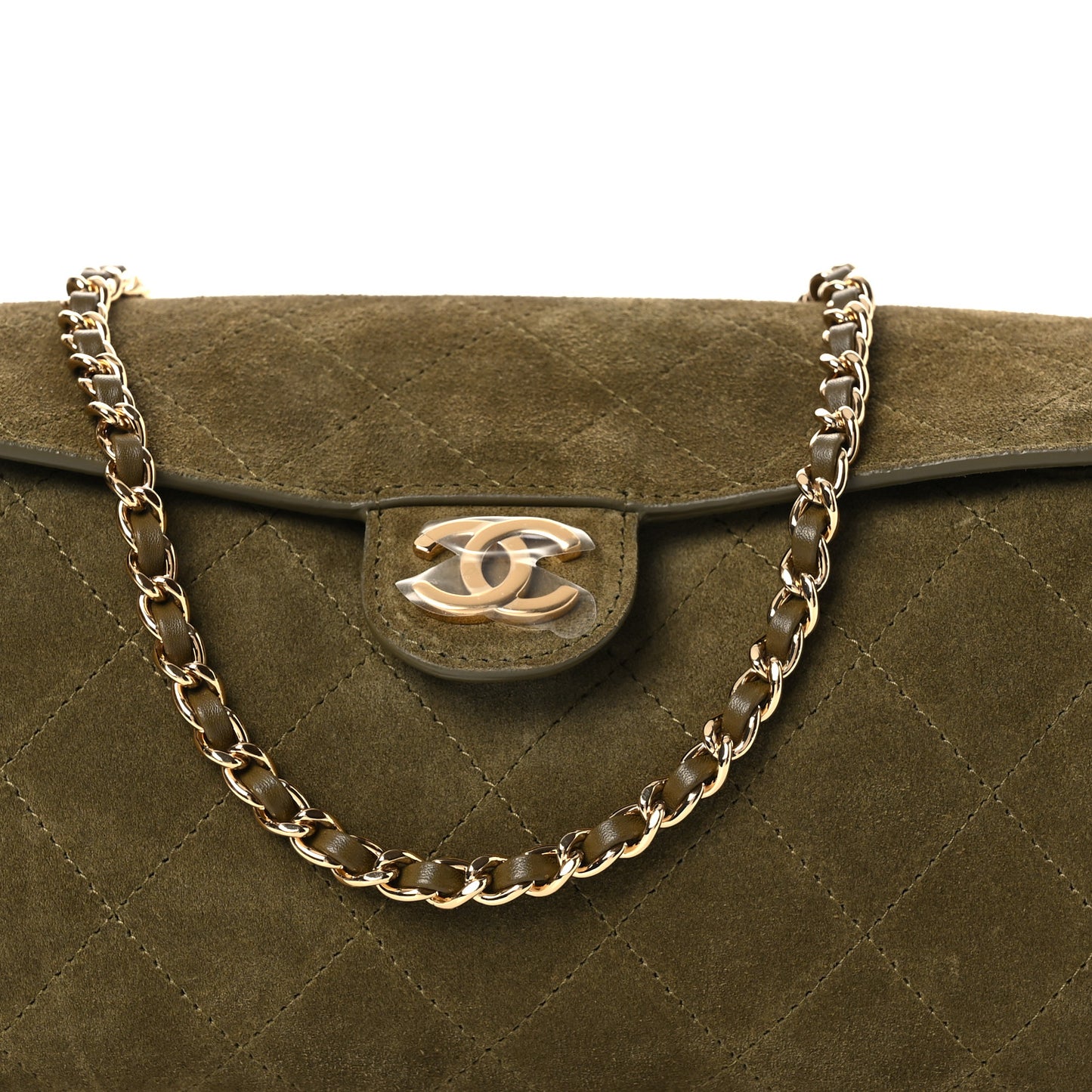 Suede Quilted Turn Around Clutch With Chain Khaki
