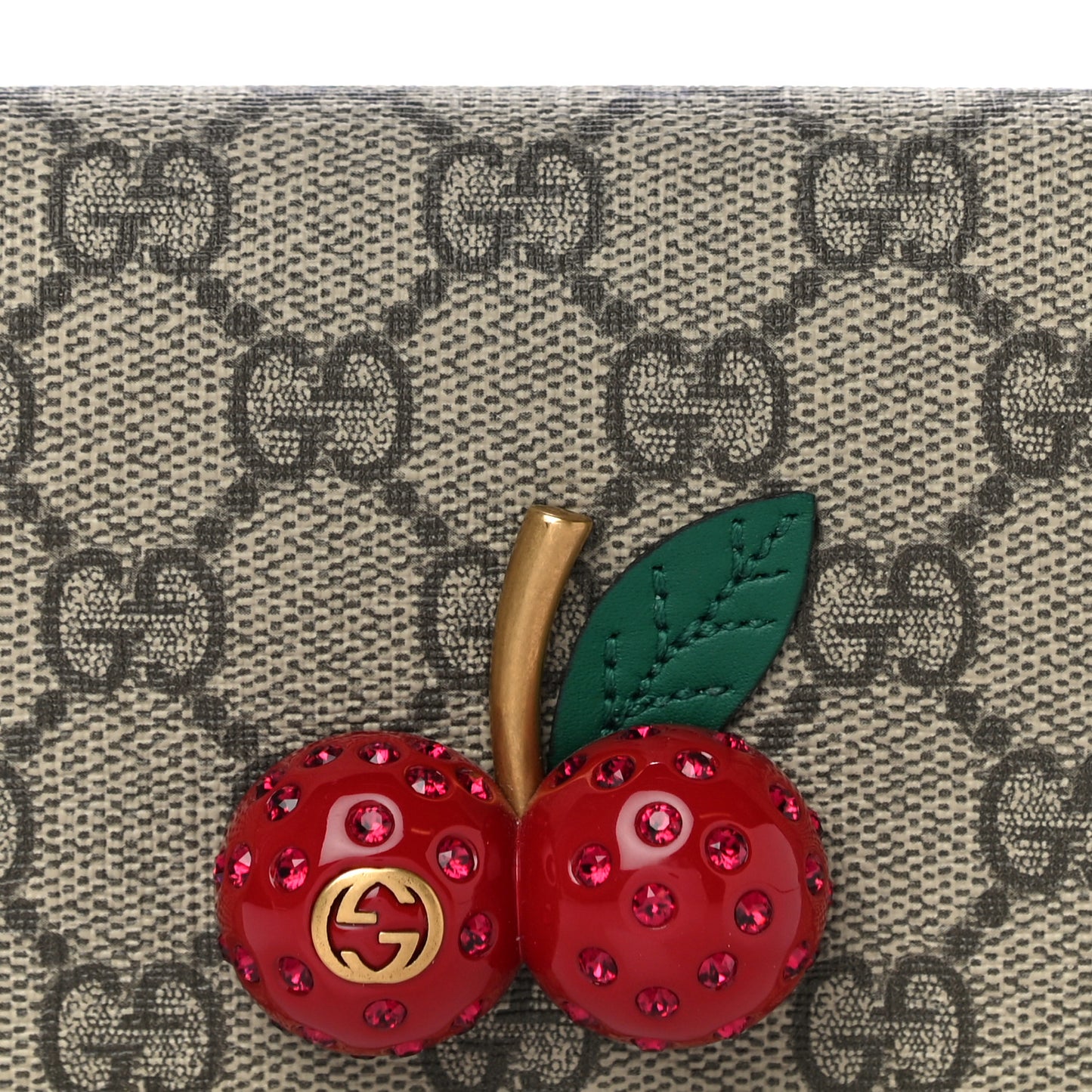 GG Supreme Monogram Cherry Embellished Card Case Wallet Hibiscus Red