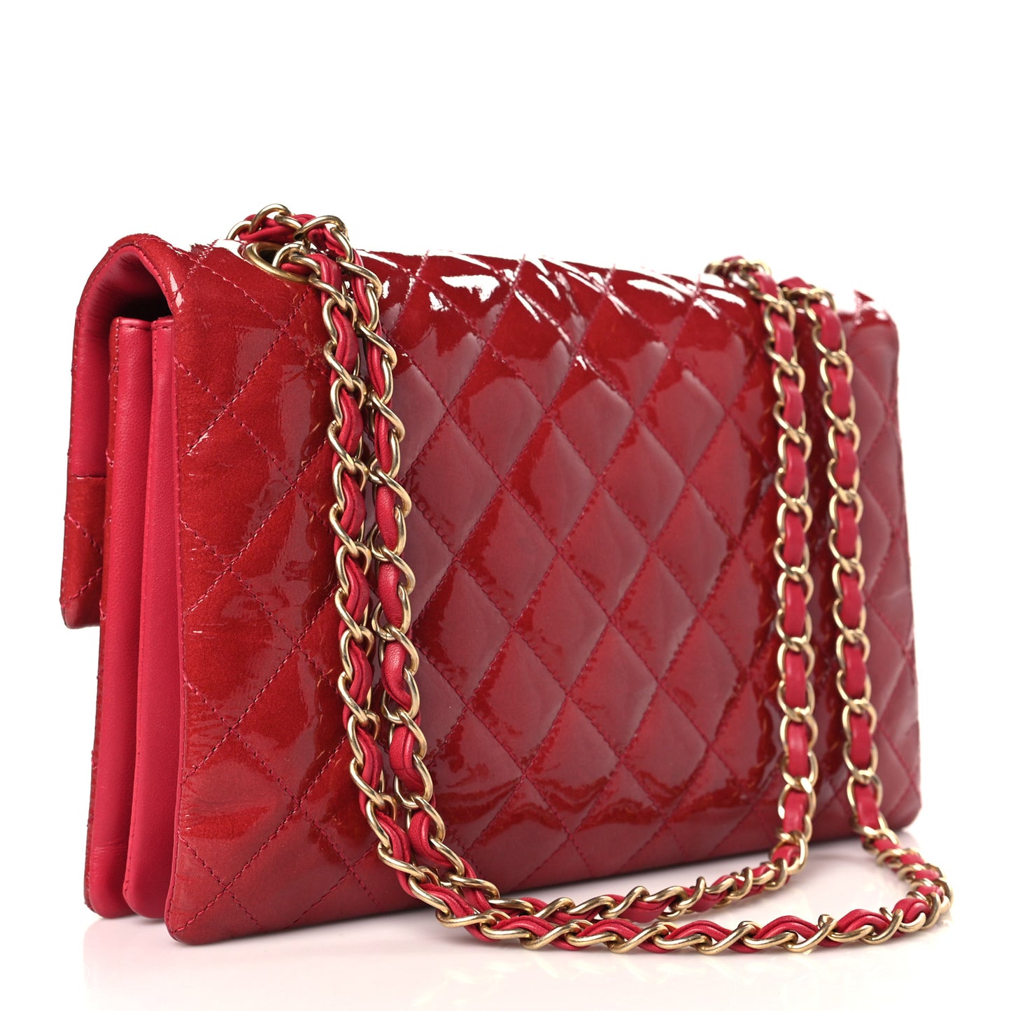 Patent Goatskin Quilted Small 3 Pocket Accordion Flap Red