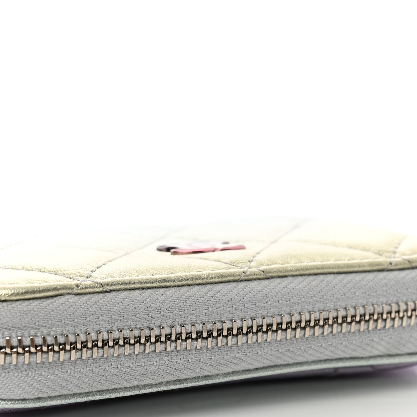Gradient Metallic Calfskin Quilted Zip Around Coin Purse Wallet Silver Blue Yellow Purple