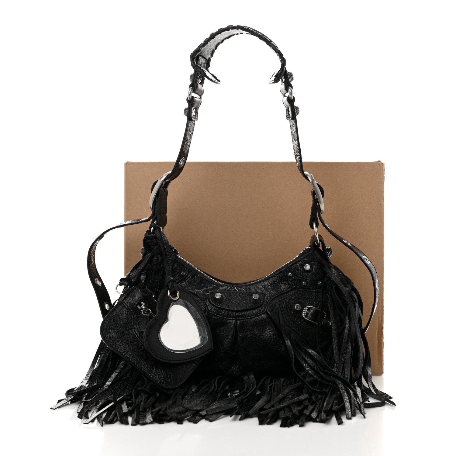 Balenciaga Agneau Arena Le Cagole Fringe Shoulder Bag XS Black
