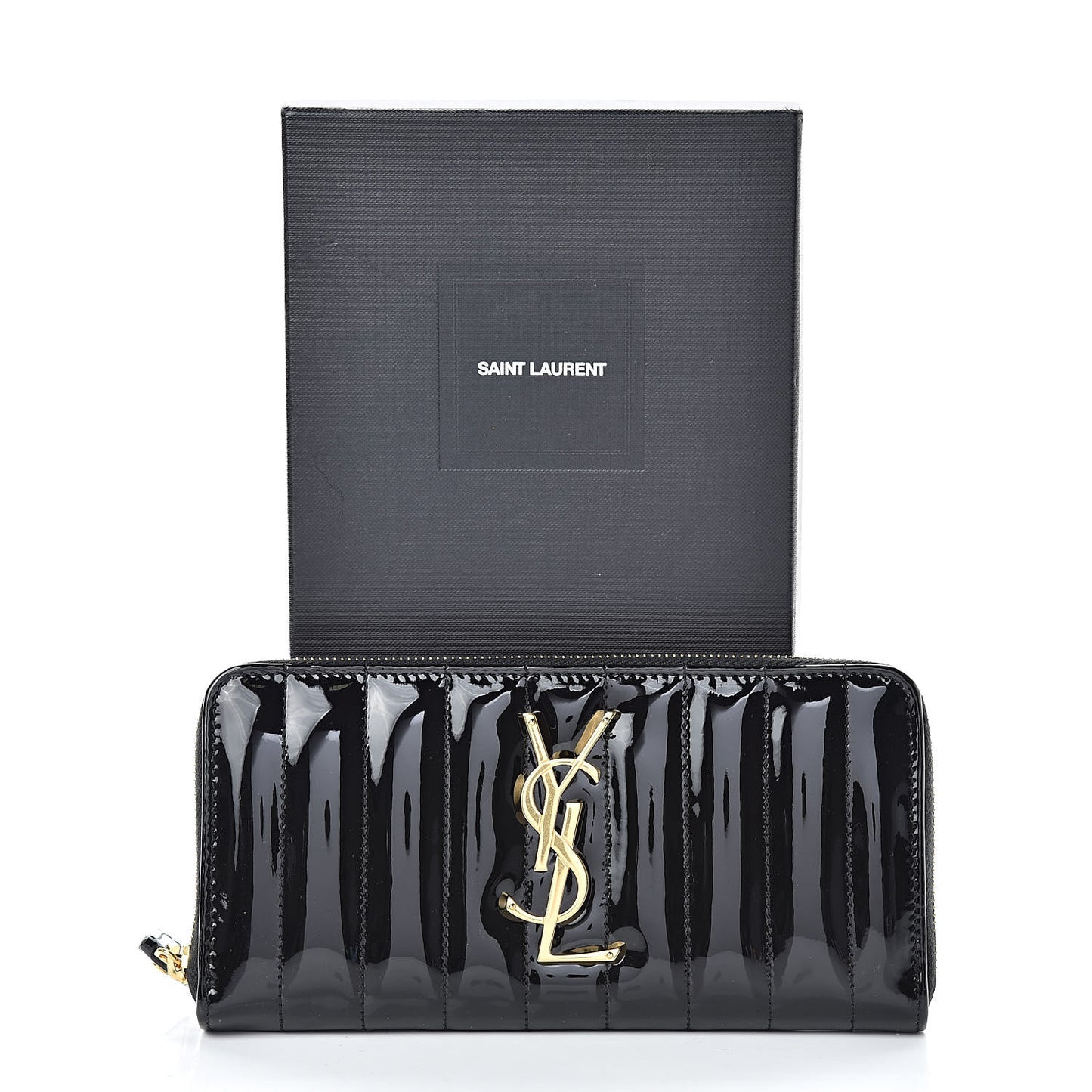 Patent Calfskin Matelasse Monogram Vicky Zip Around Wallet Black