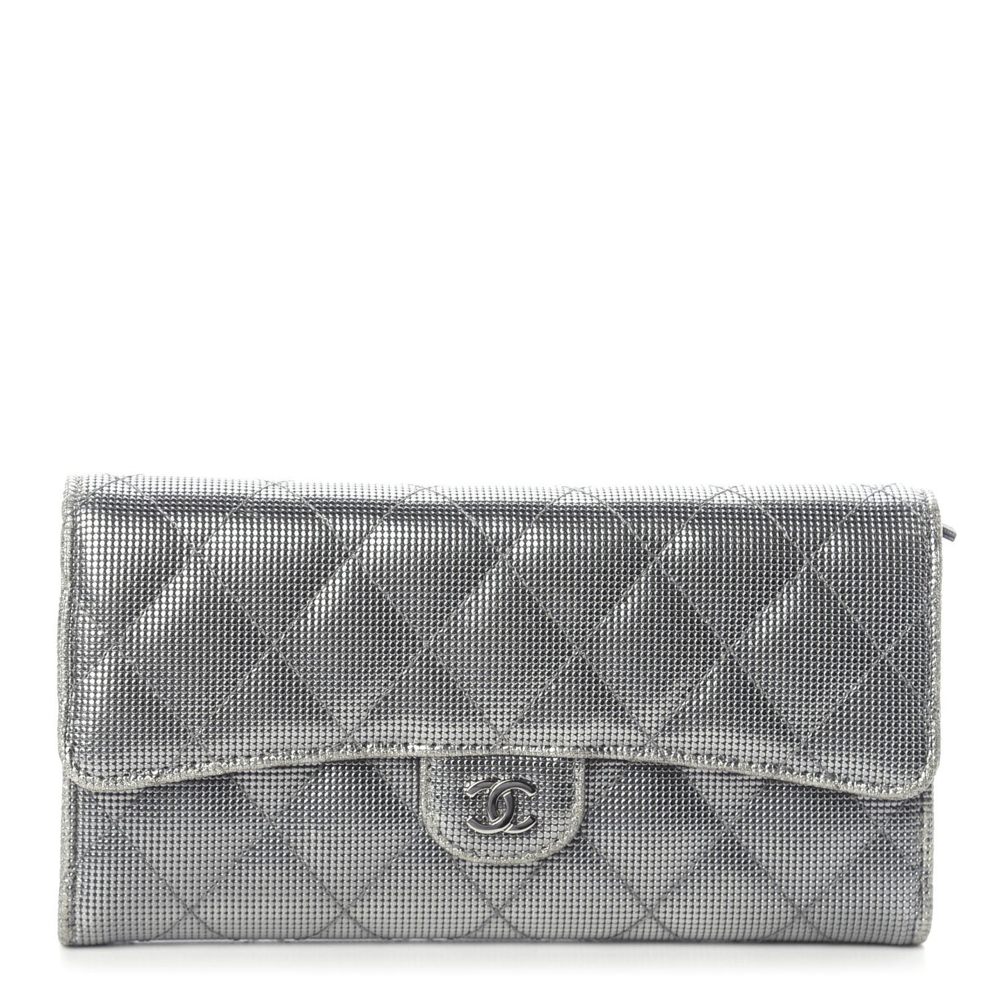 Metallic Calfskin Quilted Pixel Effect Large Flap Wallet Silver