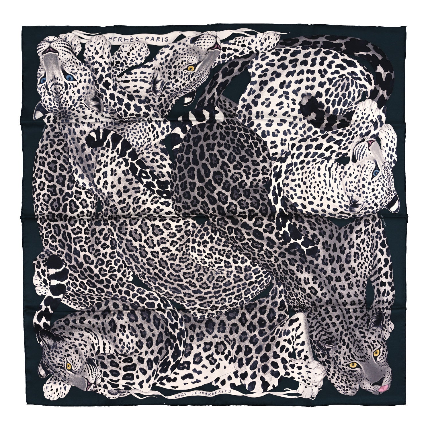 Hermes Silk Twill Lazy Leopardesses Scarf 90 Vert Black Gris 1 of 3