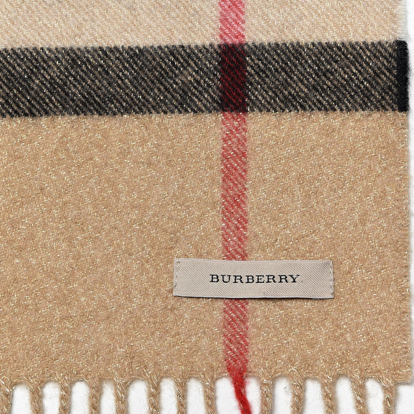 Metallic Cashmere Giant Check Fringe Scarf Archive Beige