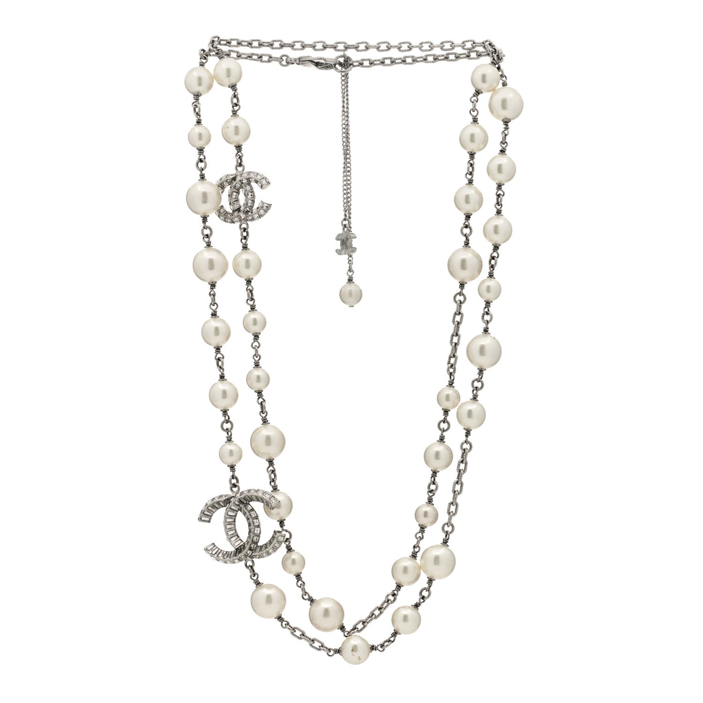 Pearl Baguette Crystal CC Long Necklace Silver