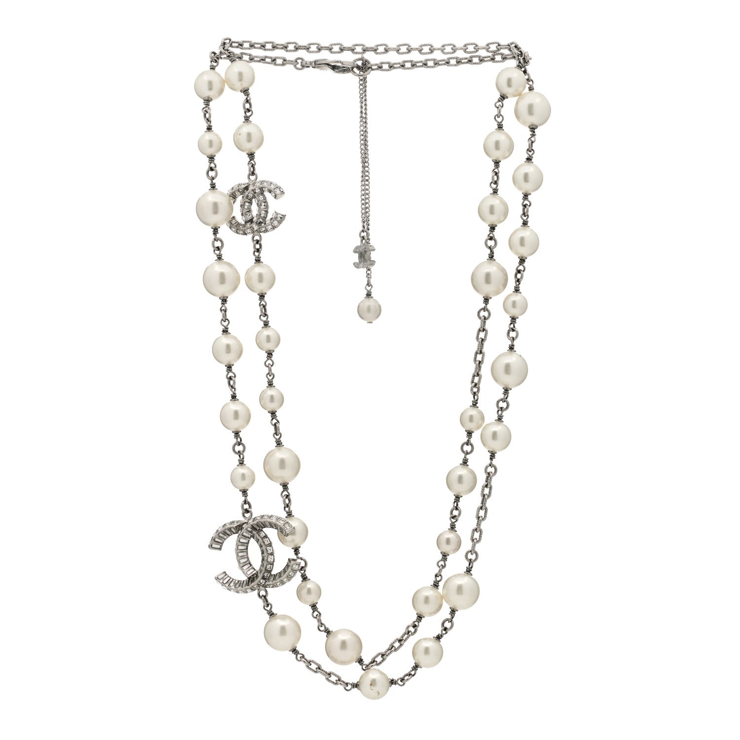 Chanel Pearl Baguette Crystal CC Long Necklace Silver 3 of 6