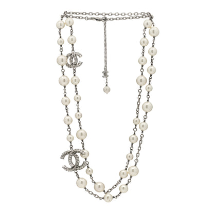 Chanel Pearl Baguette Crystal CC Long Necklace Silver 3 of 6