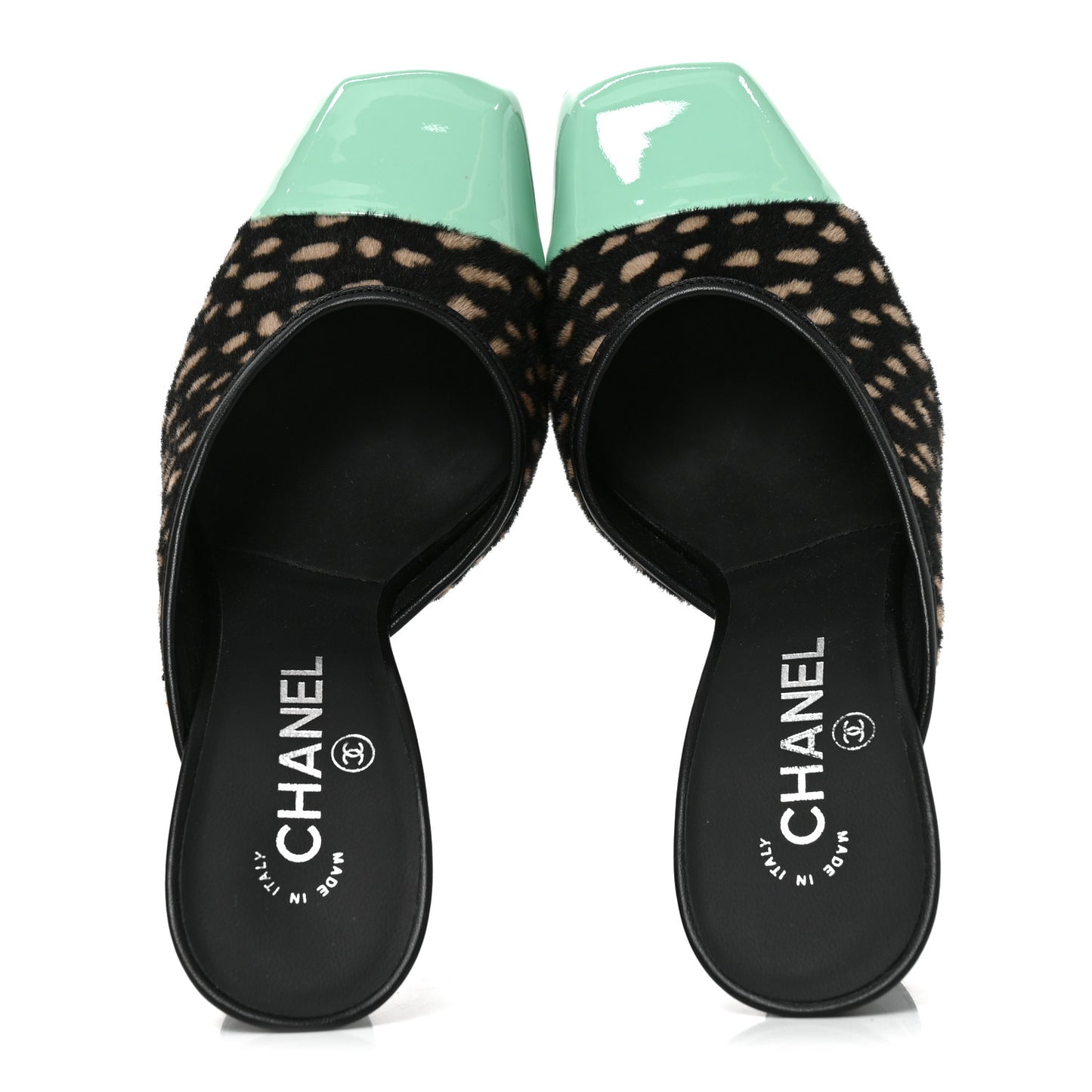 Pony Hair Lambskin Patent Calfskin Cap Toe Mules 39 Black White Green