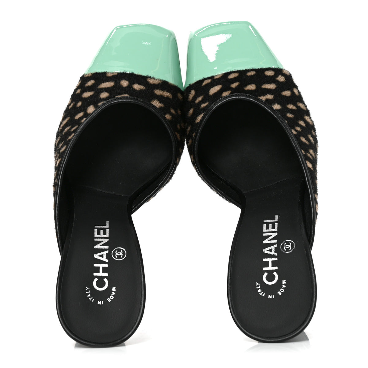 Chanel Pony Hair Lambskin Patent Calfskin Cap Toe Mules 39 Black White Green 5 of 8
