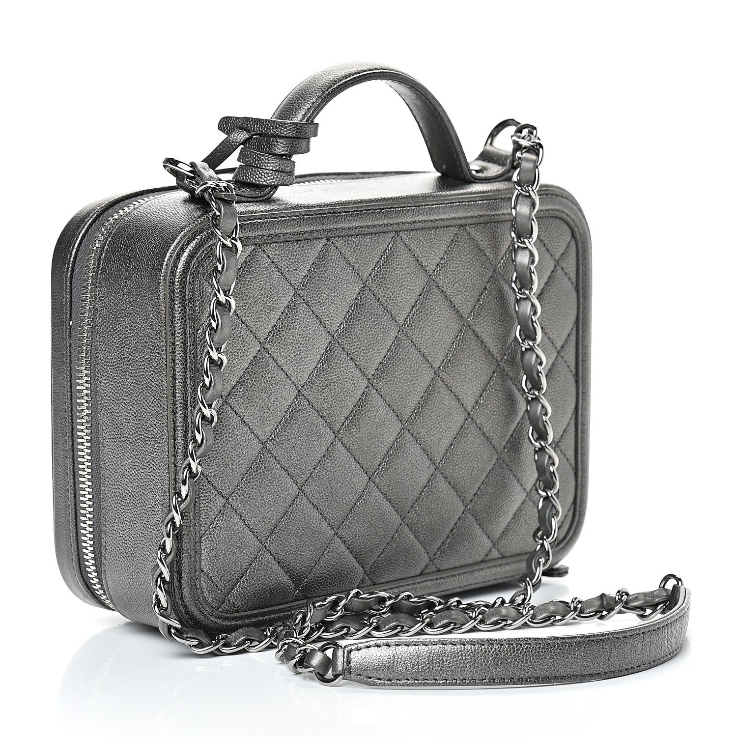 Chanel Metallic Caviar Quilted Medium CC Filigree Vanity Case Dark Silver 2 of 9