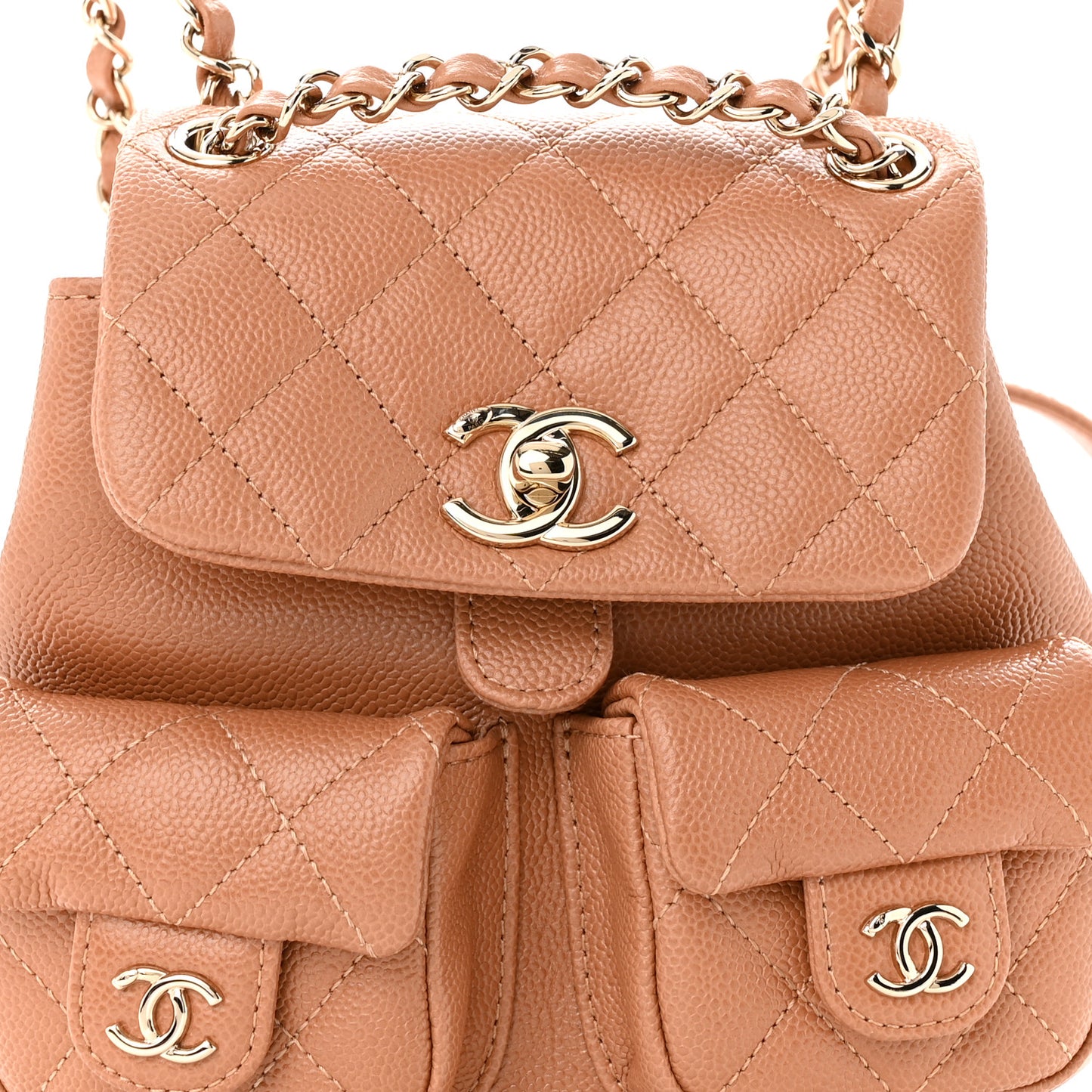 Shiny Caviar Quilted Small Duma Pockets Drawstring Backpack Dark Beige